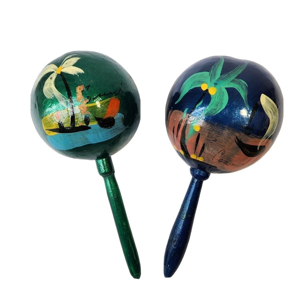 Vintage Maracas Hand Painted Green Blue Mexican Gourd Shaker Music Mexico Pair